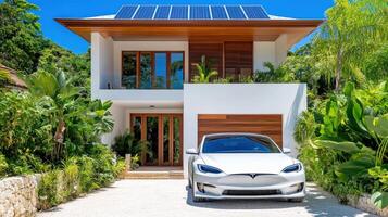 Clean energy home featuring solar panels and modern design in a tropical setting photo
