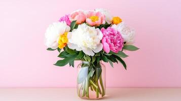 Minimalist vase with vibrant flowers against a soft pastel backdrop creates a serene atmosphere photo
