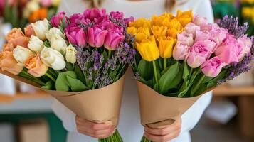 Cheerful flower vendor sells vibrant bouquets at a spring farmers market on a sunny day photo