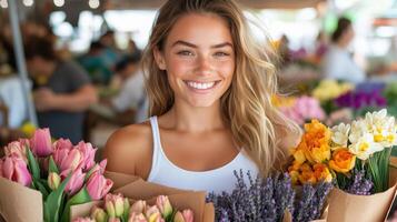 Cheerful flower vendor delights customers at spring farmers market with vibrant bouquets and friendly smile photo