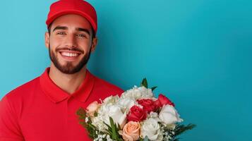 Cheerful male courier in red uniform smiling while holding a bouquet of flowers against a bright blue background photo