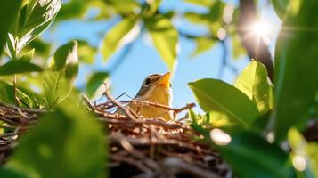 Close-up view of a bird diligently constructing its nest amidst vibrant green leaves in bright sunlight photo