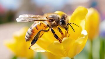Close-up view of a bee collecting nectar from a bright yellow tulip during springtime photo