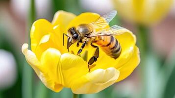 Bee pollinating a vibrant yellow tulip in springtime garden photo