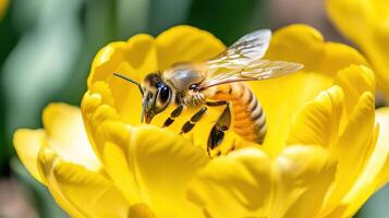 Close-up view of a bee collecting nectar from a vibrant yellow tulip in a sunny garden setting photo