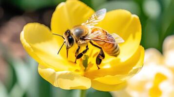 Close-up view of a bee collecting nectar from a bright yellow tulip during springtime bloom photo