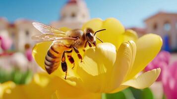 Close-up of a bee collecting nectar from a bright yellow tulip in a vibrant garden during daytime photo