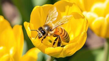 Close-up view of a bee collecting nectar from a bright yellow tulip in springtime photo