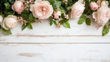 Close-up of distressed whitewashed wood with delicate pink roses and greenery creating a serene and elegant atmosphere photo
