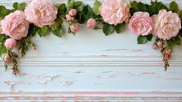Close-up view of distressed whitewashed wood adorned with soft pink roses and greenery in a decorative arrangement photo