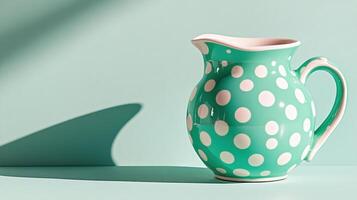 Close-up of a pastel-colored polka dot pitcher in soft light against a mint green backdrop photo