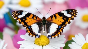 Butterfly landing gracefully on white daisy petals in a vibrant garden setting during daytime photo