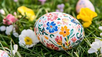 Hand-painted Easter egg surrounded by vibrant flowers in a lush green garden setting photo