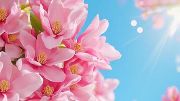 Soft pink magnolia flowers basking under bright sunlight in a serene spring setting photo
