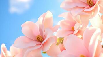 Close-up view of soft-focus pink magnolia flowers blooming under a bright sky in springtime photo