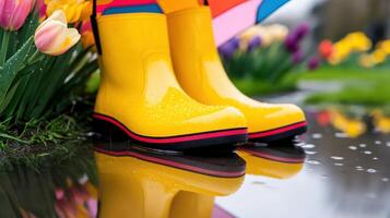 Bright spring umbrella and yellow boots rest beside colorful tulips in a rainy garden setting photo