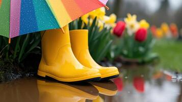 Colorful spring umbrella and yellow rubber boots resting near blooming tulips and daffodils in a rainy garden photo