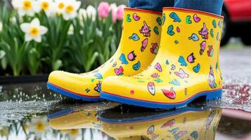Colorful spring umbrella and playful rain boots beside blooming flowers in a vibrant garden scene photo
