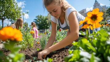 Urban community garden fosters connection and growth among local residents during sunny afternoon photo