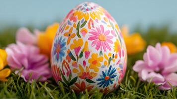 Hand-painted Easter egg resting on vibrant grass surrounded by colorful flowers in springtime bliss photo