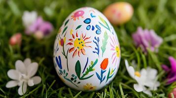 Hand-painted Easter egg resting on grass with colorful floral designs and surrounding flowers photo
