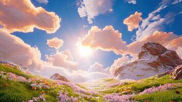Dreamy spring sky with fluffy clouds and vibrant flowers at sunset in a serene landscape photo