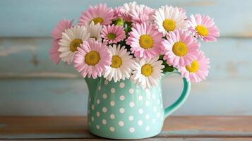Cute pastel polka dot pitcher filled with pink and white daisies on a wooden table against a blue background photo
