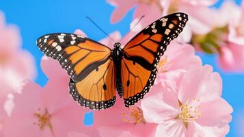 Delicate butterfly rests on soft pink cherry blossoms under a clear blue sky in springtime photo
