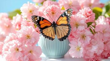 Delicate butterfly rests on soft pink cherry blossoms in serene garden setting during bright daylight hours photo