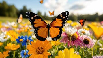 Wild butterflies fluttering over vibrant wildflowers in a sunny meadow during the golden hour photo