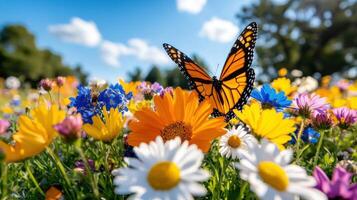 Bright butterfly resting in a colorful meadow filled with wildflowers on a sunny day photo