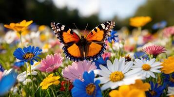Butterfly resting on colorful wildflowers in a serene meadow during a sunny day photo