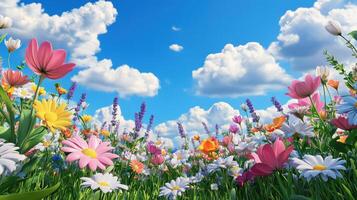 Dreamy wildflower meadow under a blue sky with fluffy clouds during a sunny afternoon photo