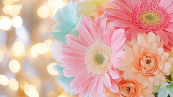 Dreamy spring garden filled with pastel-colored flowers and gentle bokeh background creating a serene atmosphere photo