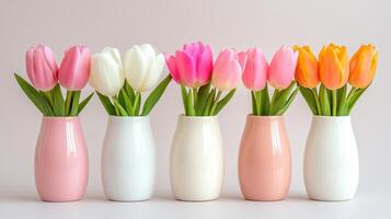 Fresh-cut tulips in minimalist vases arranged elegantly for a bright, cheerful display indoors photo