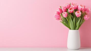 Fresh-cut tulips in a minimalist vase against a soft pink background for elegant decor photo