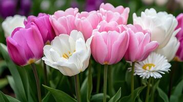 Dreamy wildflower meadow bursting with pastel tulips and daisies in spring sunlight photo