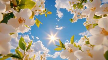 Dreamy spring sky framed by blooming flowers and puffy clouds in a sunny afternoon photo
