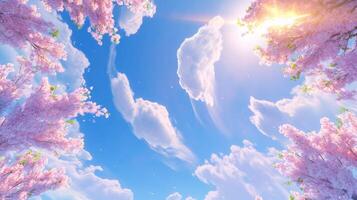 Dreamy spring sky with fluffy clouds and pink blossoms illuminating the scene during a tranquil afternoon photo