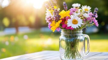 Wildflowers in a mason jar bring a touch of nature to a sunny outdoor setting filled with daisies and vibrant colors photo