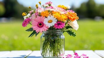 Wildflowers arranged in a mason jar on a sunny day in a park photo