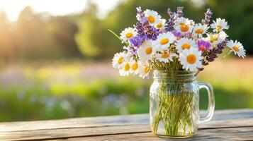 Wildflower arrangement in mason jar captures the essence of a sunny afternoon in the countryside photo