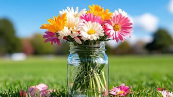Wildflowers in a mason jar create a vibrant centerpiece on a sunny day in a green park setting photo