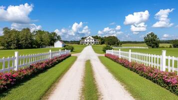 Charming white house at the end of a long dirt road surrounded by vibrant gardens and a clear blue sky photo