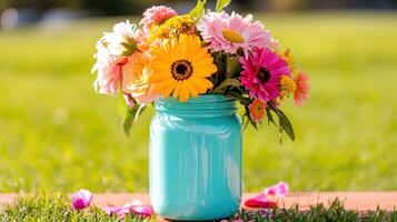 Wildflowers in a colorful mason jar brighten up a sunny day in a grassy field photo