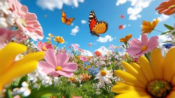 Colorful butterflies dance above a vibrant meadow of flowers during a sunny day in spring photo