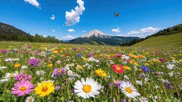Vibrant meadow filled with colorful wildflowers and a distant mountain under a clear blue sky photo