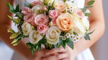 Man presents a beautiful bouquet of roses and flowers in a soft-lit room photo