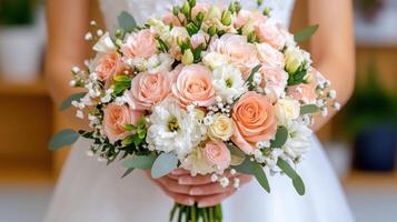Man presenting a beautiful bouquet of flowers in a bright indoor setting during a joyful celebration photo