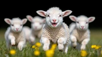 Group of playful baby lambs enjoying a sunny day in a vibrant green field filled with flowers photo